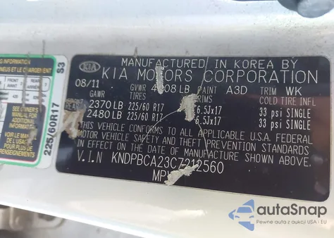 2012 Kia Sportage Lx из США, поврежденный, VIN KNDPBCA23C7212560